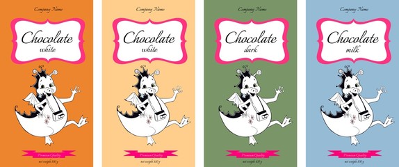 Collection of chocolate packaging design with cute dragons. Vector illustration.