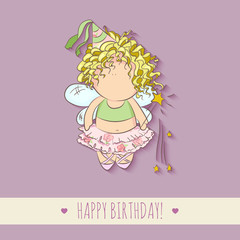 vector illustration of a fairy with magic stick. congratulations card.