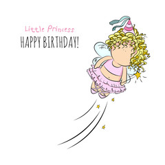 vector illustration of a fairy with magic stick. congratulations card.