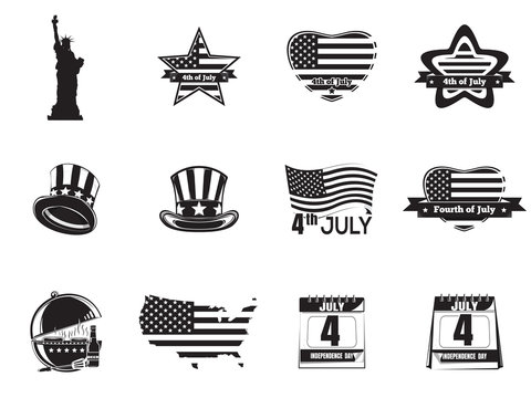 Set icon for Fourth of July. Independence Day icon. Statue of Liberty, calendar with the date July 4, Uncle Sam hat, heart, star shaped American (USA) flag. Vector icon isolated on white background