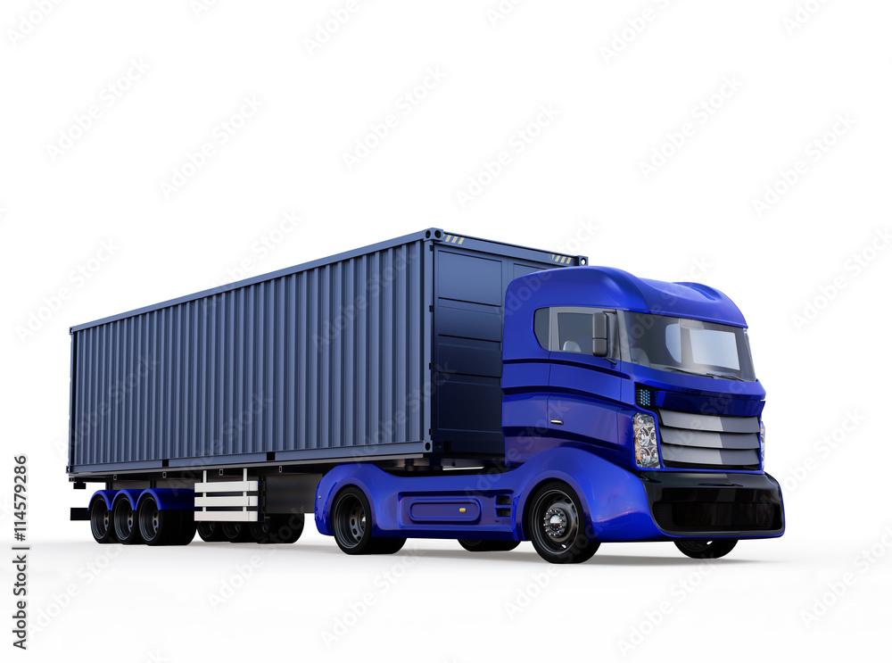 Poster blue container truck isolated on white background. 3d rendering image with clipping path.