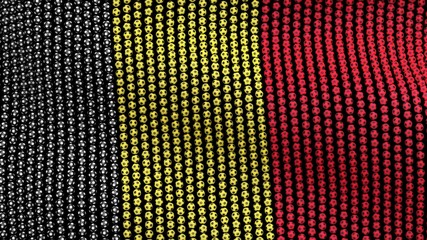 Flag of Belgium, consisting of many balls fluttering in the wind, on a black background. 3D illustration.
