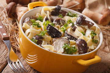 Fettuccine pasta with porcini and cream sauce close-up in a yellow pot. horizontal
