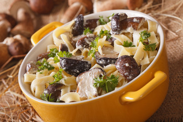 pasta fettuccine with wild mushrooms in cream sauce closeup in a pot. horizontal
