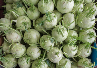 Fototapeta na wymiar Cabbage kohlrabi sold at local farm market
