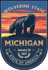 Мичиган, штат Америки, стилизованная эмблема, Росомаха на закате на синем фоне