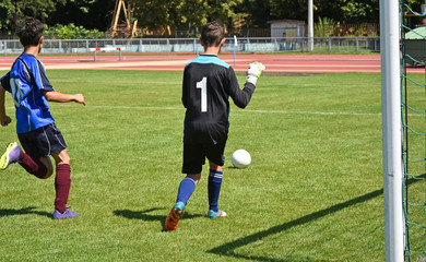 Young goalkeeper runs after the ball