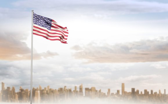 Composite image of american flag waving on pole
