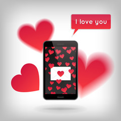 Phone with heart pattern, envelope on screen and with cut hearts flying around. Valentine's Day and Love concept, realistic illustration