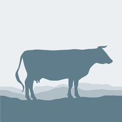 Cow silhouette  graze in the field, landscape, sky, grass, pasture. Blue, gray background.  Vector
