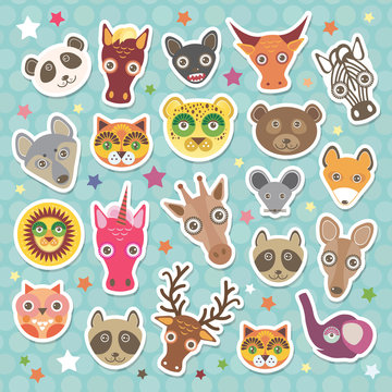 Sticker set of funny animals muzzle. Teal background with stars, Polka dot. Vector