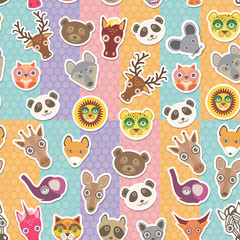 Obraz premium Set of funny animals muzzle seamless pattern. background with Polka dot. Vector