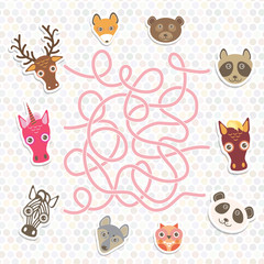 cute animals collection labyrinth game for Preschool Children. Vector