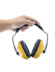 Hands holds working protective headphones is Isolated
