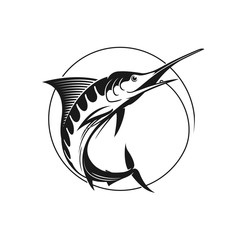 Blue marlin vector sign. Vector fishing logo. Catching marlin on the hook. Stock vector illustration in one color. 