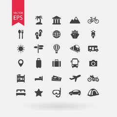Travel icons set. Tourism signs collection. Vacation symbols isolated on white background. Flat design style.