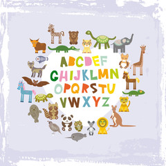 alphabet for kids from A to Z. Set of funny cartoon animals character. zoo on blue grunge background. Vector
