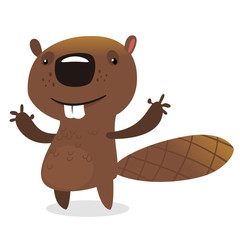 Cute cartoon vector beaver waving with his hands. Fluffy beaver character with big teeth presenting. Brown beaver mascot