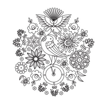 Coloring for adults, a bird, a flower ornament, zentangle, doodle style