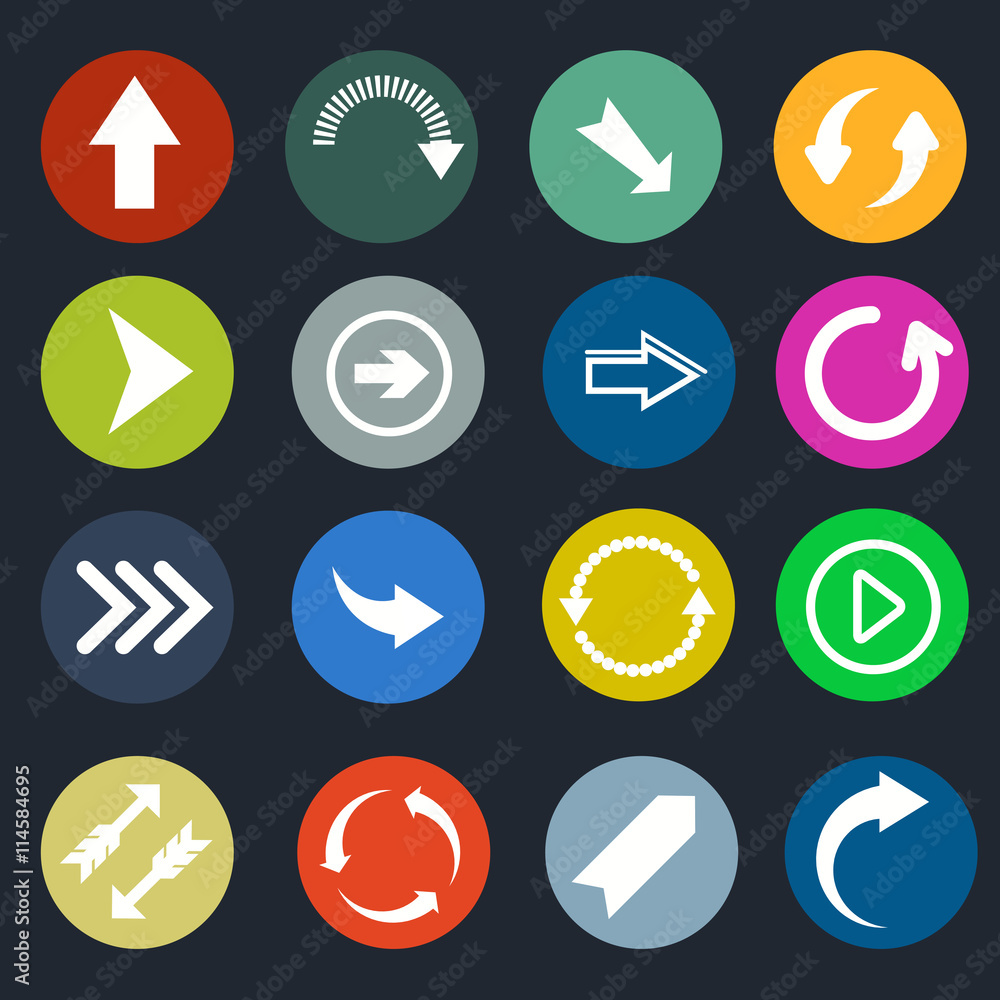 Poster color round arrow vector icons. set of arrows directional, arrow pointer in color circle illustratio