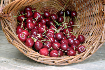 Ripe cherries in a wicker basket