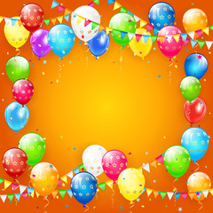 Multicolored balloons and confetti on orange background