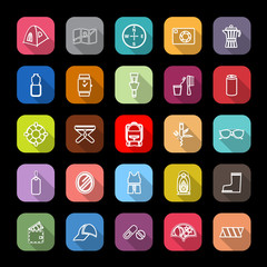 Camping necessary line icons with long shadow
