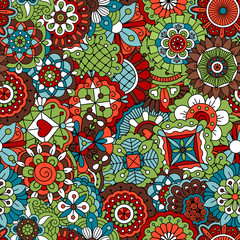 Vintage background colored red  green and brown with geometric flowers and other patterns