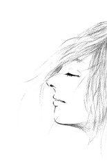 Women face by hand drawing sketch illustration; hair style female on white background.