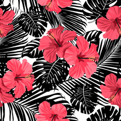 Tropical coral flowers and leaves on black and white background. Seamless. Vector.