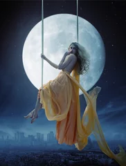 Selbstklebende Fototapete Artist KB Elegante Frau über großem Mondhintergrund