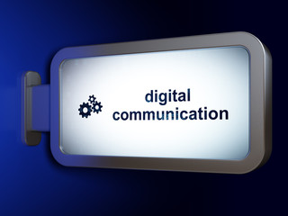 Data concept: Digital Communication and Gears on billboard background