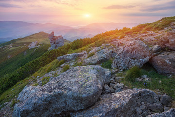 Majestic sunset in the mountains landscape. Carpathian mountins, Ukraine.