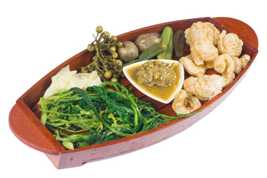 Thai cuisine nam prik or chili paste with various vegetables(nam prik num)
