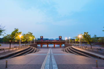 Naklejka premium Toyama city architecture building beautiful in twilight time.