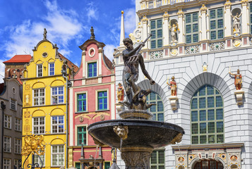 Neptune's Fountain and gothic houses in Gdansk, Poland