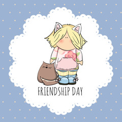 cute girl with cat doodle illustration. friendship day
