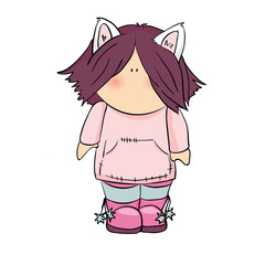 cute character with cats doodle illustration.