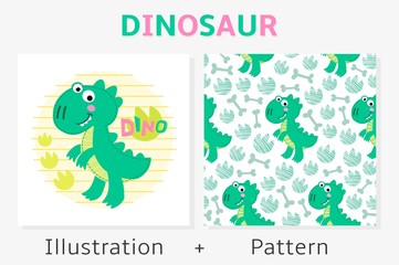 Dinosaur vector seamless pattern and illustration. 