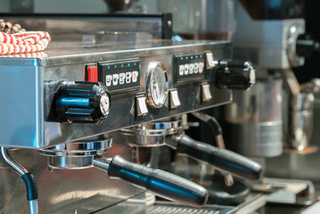 Espresso machine making coffee in pub, bar, restaurant
