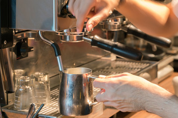 Espresso machine making coffee in pub, bar, restaurant
