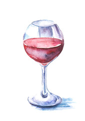Illustration red wine in the glass. Glass of wine. Figure executed in watercolor on an isolated white background