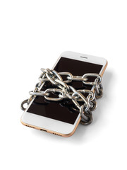Modern mobile phone with chain locked isolate on white background with clipping path. Concept of...
