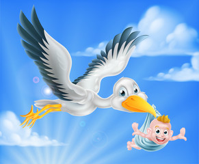 Stork flying holding baby