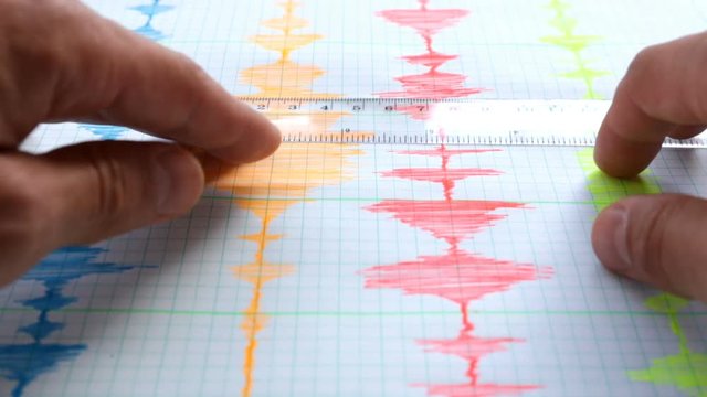Seismological device for measuring earthquakes. Seismological activity live on the sheet of measuring paper. Earthquake wave on graph paper. Human hand measuring with a ruler on the paper.