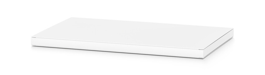 White wide thin flat horizontal rectangle blank box from top side far angle.