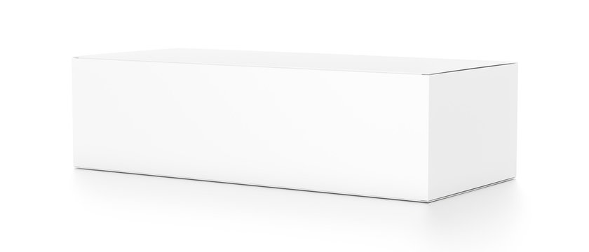 White wide horizontal rectangle blank box from side angle.