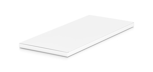 White wide thin flat horizontal rectangle blank box from side angle.