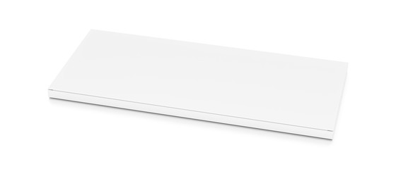 White wide thin flat horizontal rectangle blank box from top side closeup angle.