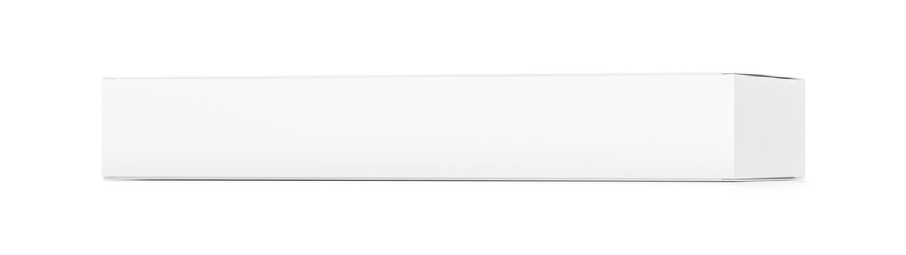 White wide flat horizontal rectangle blank box from side far angle.